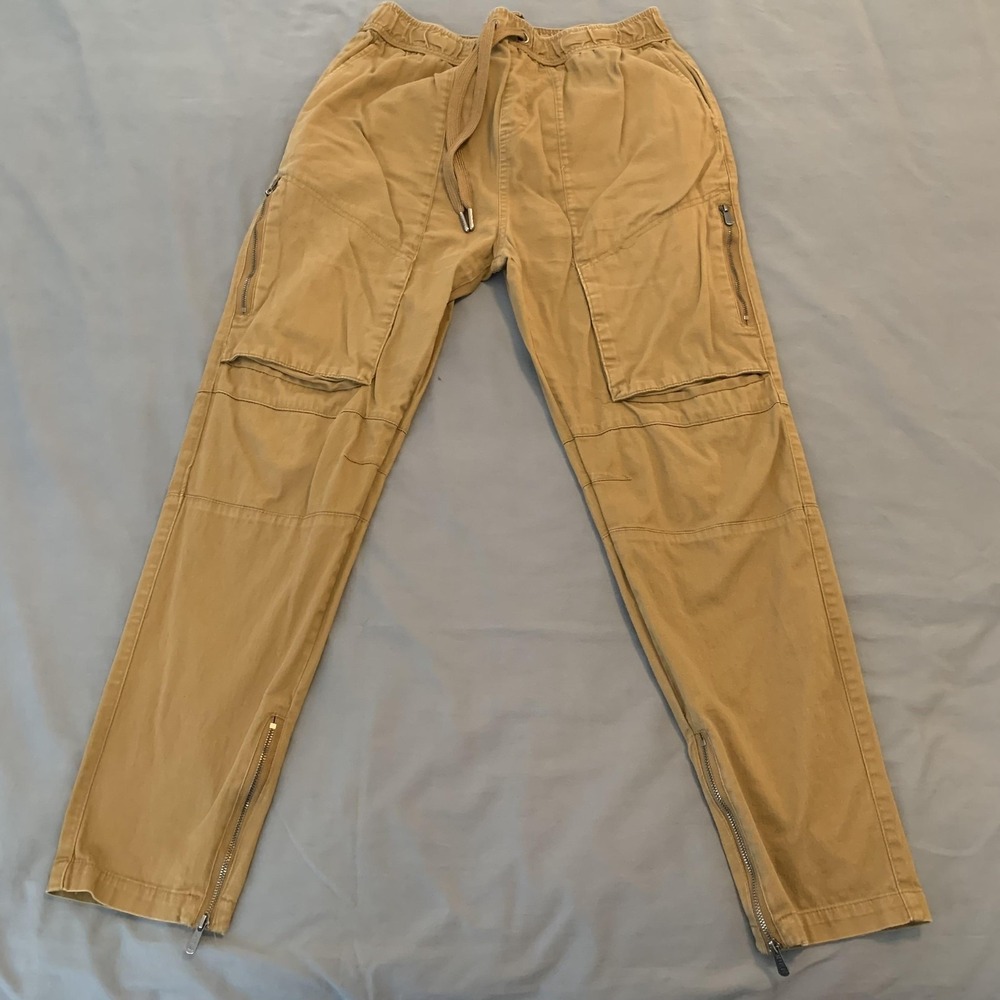 CSG Pants Mens‎ Large Khaki Cargo Joggers Elastic Waist Drawstring Zip Ankle